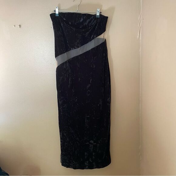NBD Finna midi dress black nude sheer panel velvet strapless cocktail Revolve L - Picture 10 of 12